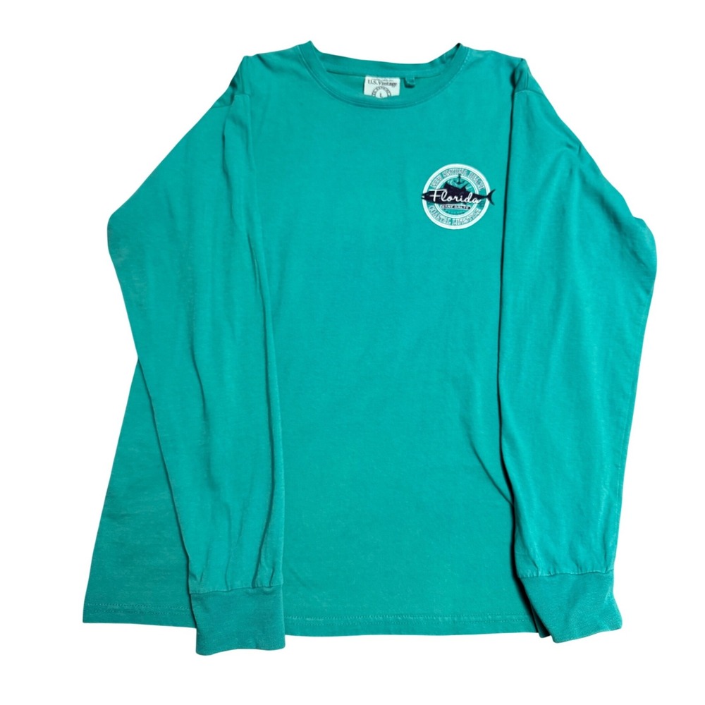 US Vintage Mens L Turquoise Florida New Smyrna Beach Coastal Long Sleeve T Shirt